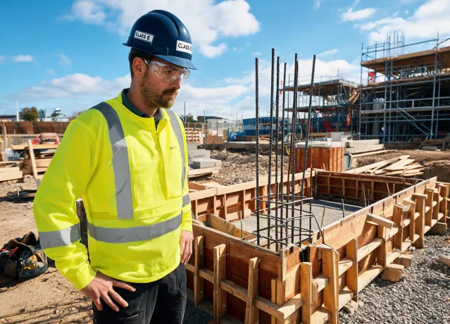 Construction worker wearing safety glasses