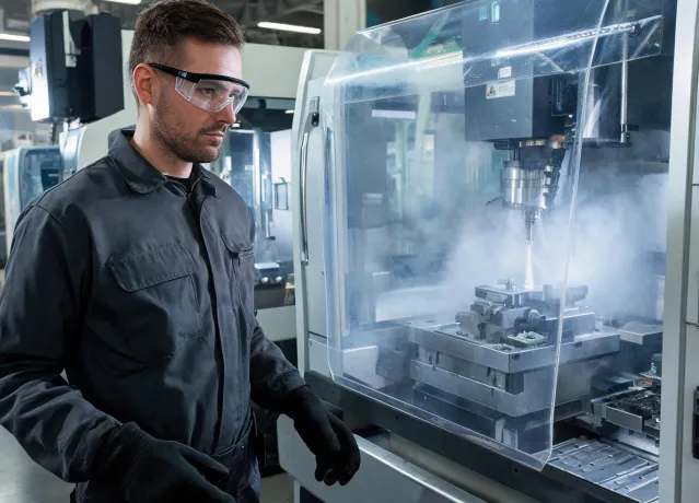 Manufacturing operator with protective eyewear