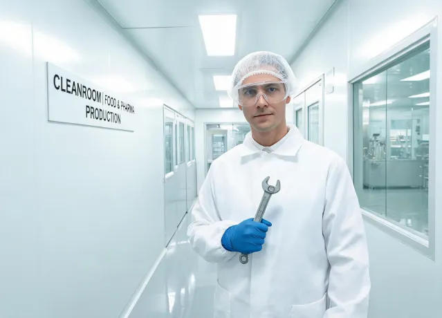 Food and pharma worker wearing clear protective eyewear