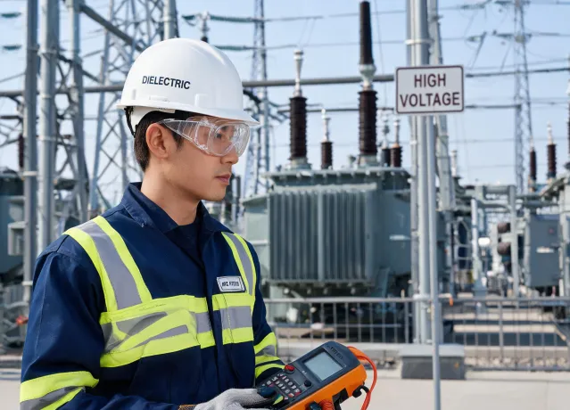 Electrical utility crew in eye and head protection
