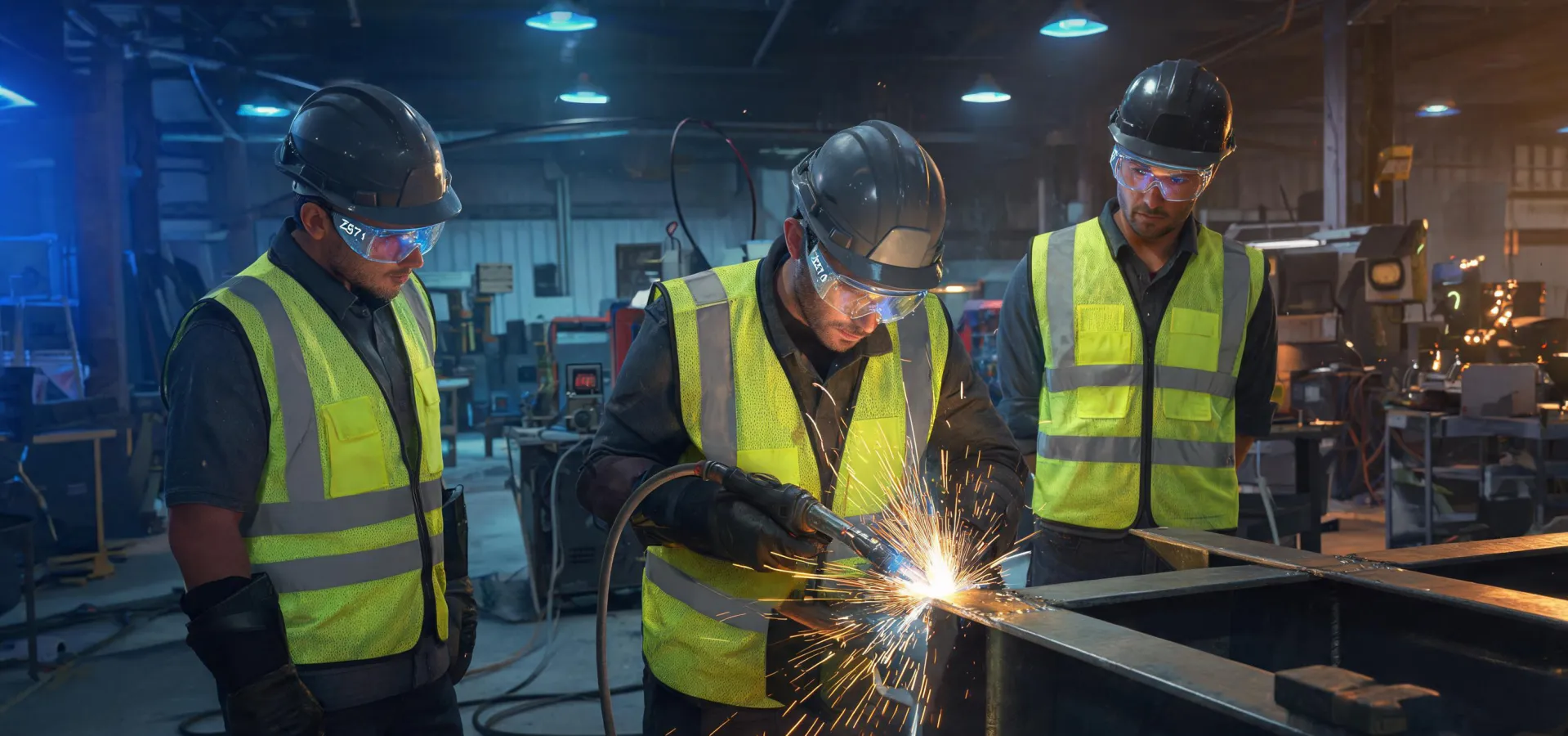 Safety eyewear worn in a welding shop